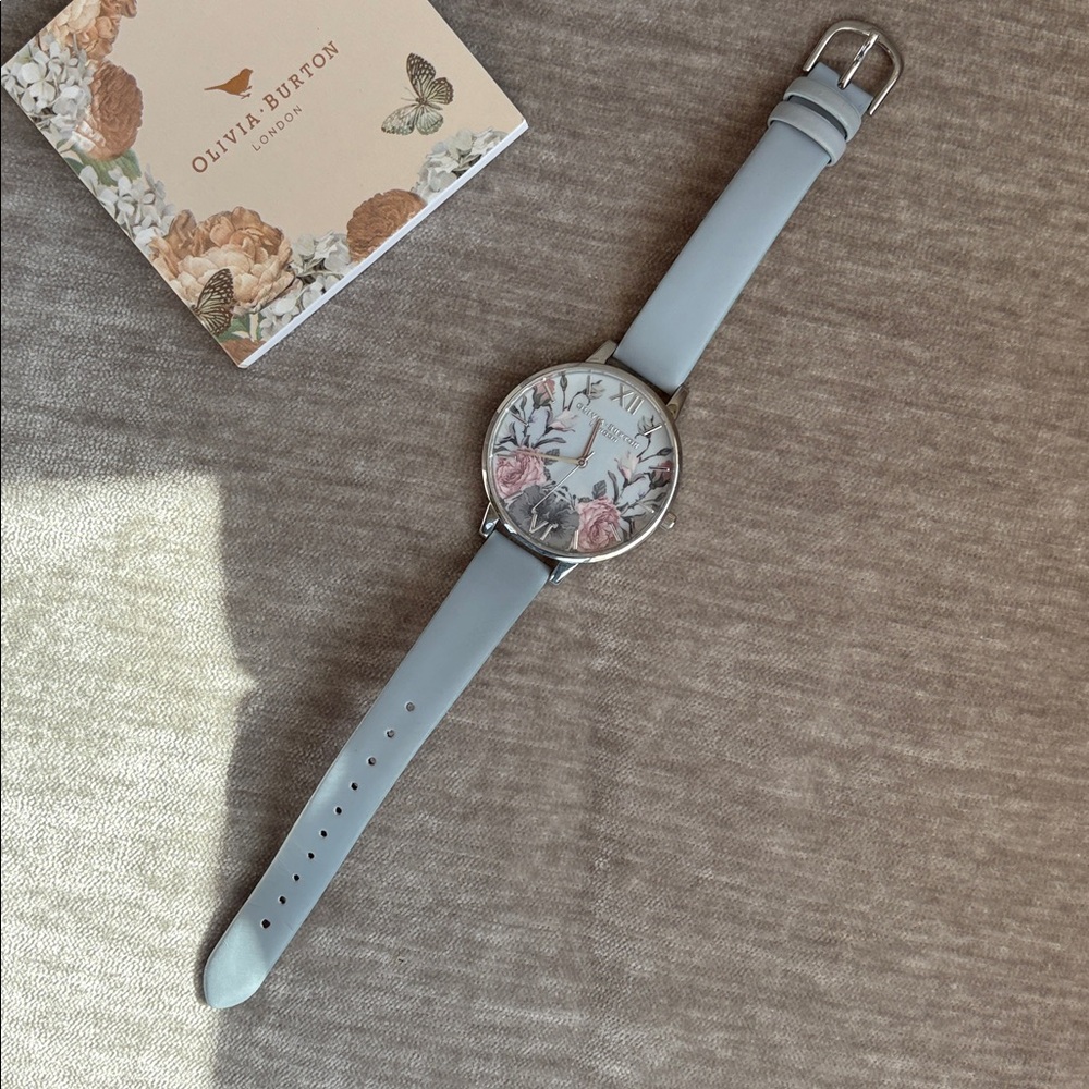 Olivia Burton Floral Watch - Silver/Light Blue Leather Strap - Picture 6 of 11